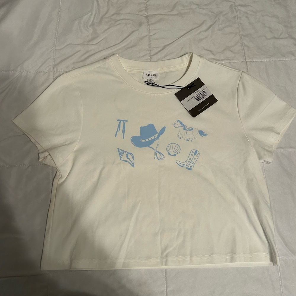 Le Lis Cream Crop Top with Blue Western Motifs